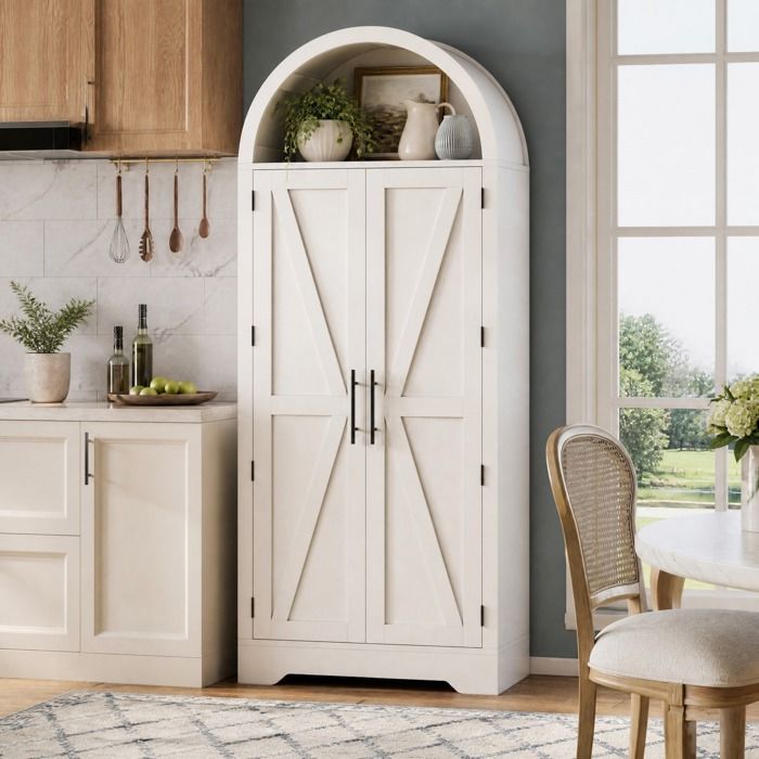 Armoire haute vitrine blanche 70 x 35 x 170 cm portes doubles niche ouverte MDF style campagne moderne