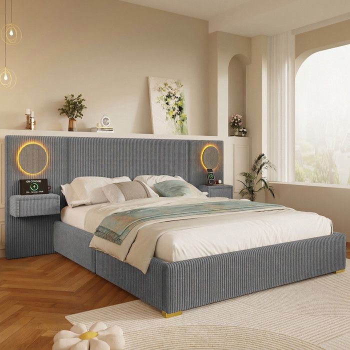 Lit Norevia 180x200 cm en velours gris lit capitonné avec tête de lit LED ports USB et 2 tables de chevet