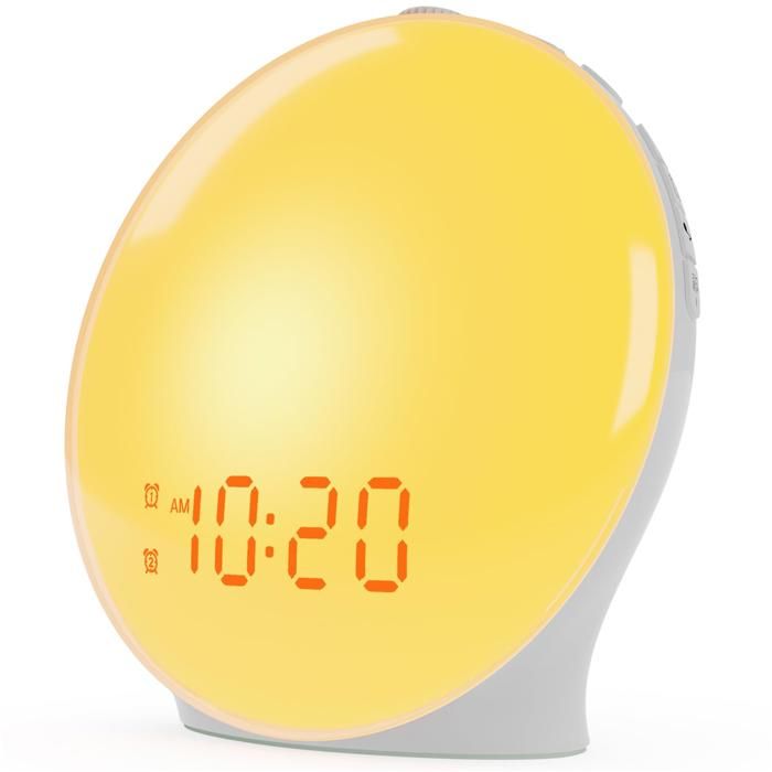 Réveil lumineux pour enfants et gros dormeurs avec simulation aide au sommeil double alarme radio FM et fonction snooze.