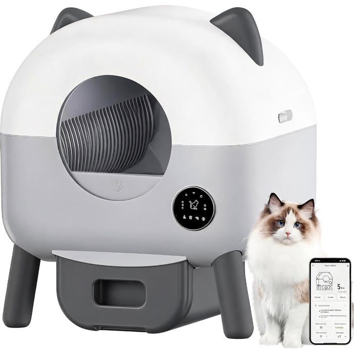 AFF Litiere Chat AutonettoyanteLitière Auto Nettoyante Litiere Automatique 76L Connectée AppSystème Anti-Pincementblanc-gris