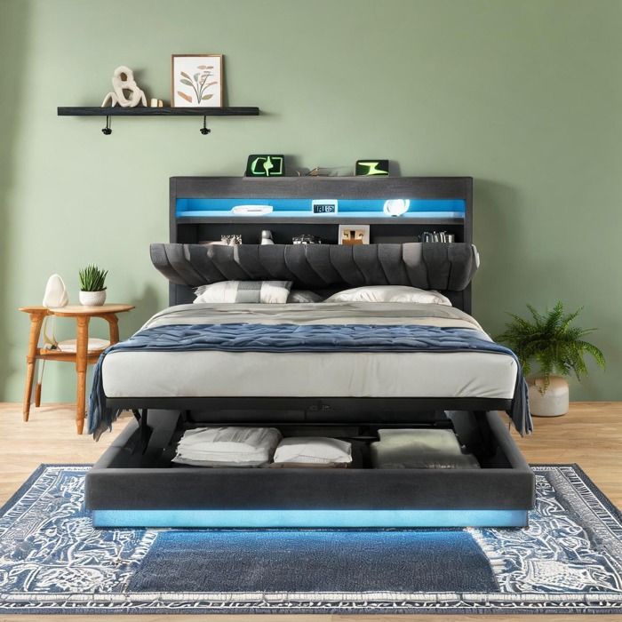 Sommier coffre 180x200 cm en lin slate gray avec tête de lit rangement ports USB et éclairage LED