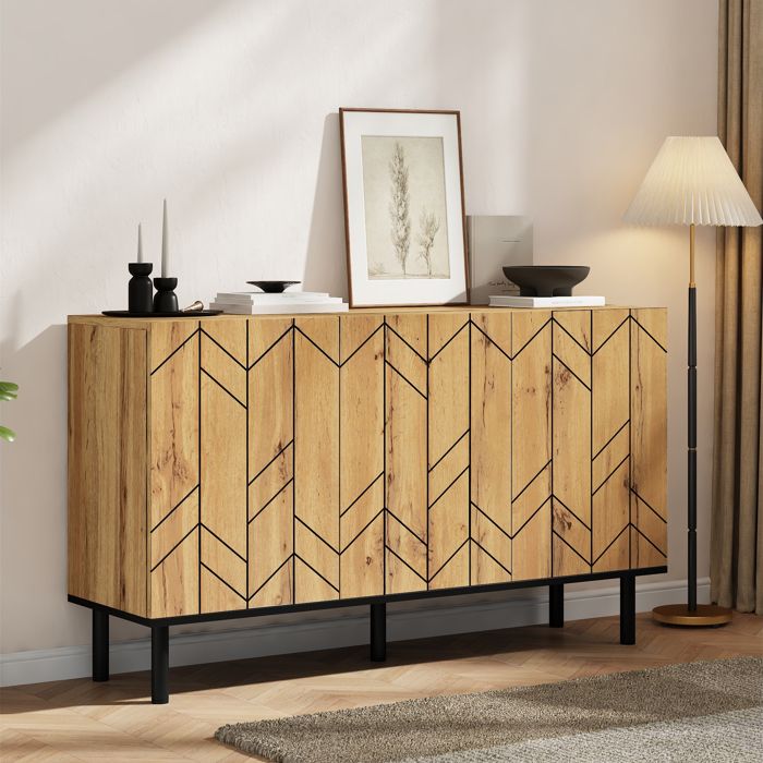 Buffet 3 Portes 120 x 35 x 70 cm Meuble de Rangement Effet Bois Motifs Géométriques Pieds Métal Noirs Buffet 3 Portes 120 x 35 x 70 cm Meuble de Rangement Effet Bois Motifs Géométriques Pieds Métal Noirs