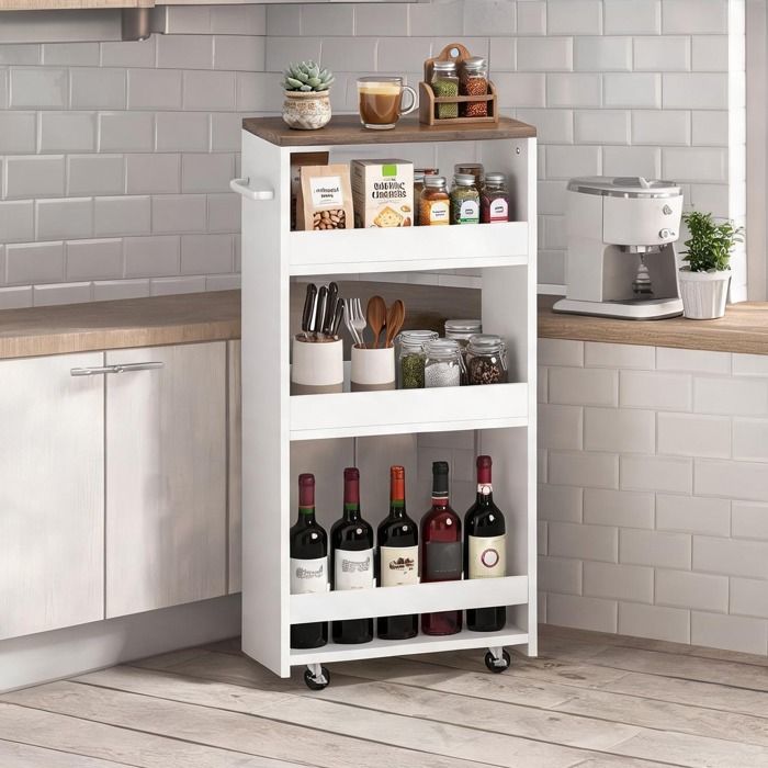 Desserte de cuisine blanche à 4 niveaux 40 x 20 x 84 cm avec 3 étagères ouvertes et roulettes