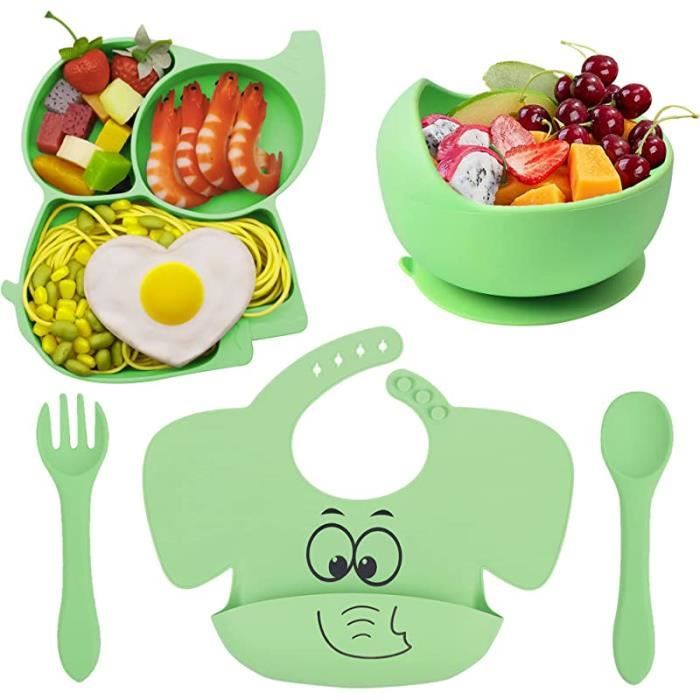 Feelhap Coffret Repas Bébé 9 Pièces - Assiette Ventouse Silicone Antidérapante Avec Compartiments, Bol, Bavoir, Cuillère, Fourchette Et Tasse (Vert)