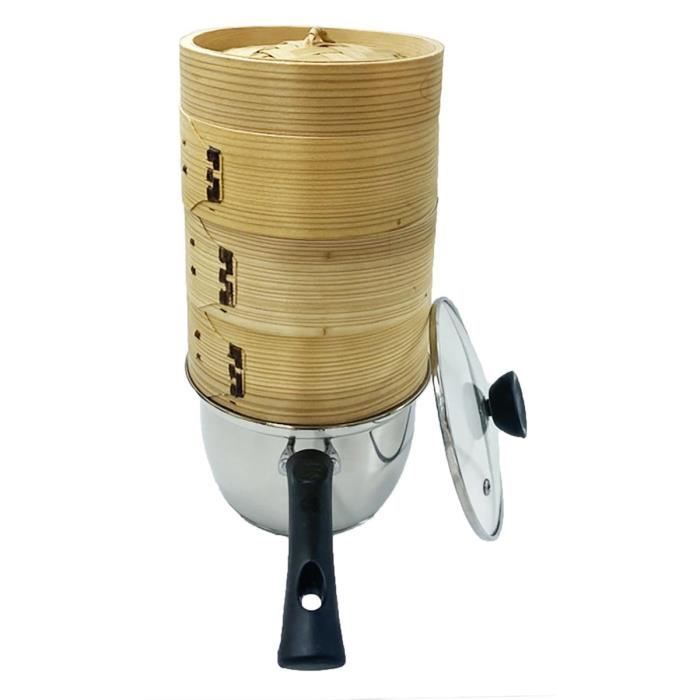panier vapeur 3 niveaux en bambou naturel avec couvercle 14cm - lot avec casserole ou seul - or - lot panier à vapeur + casserole