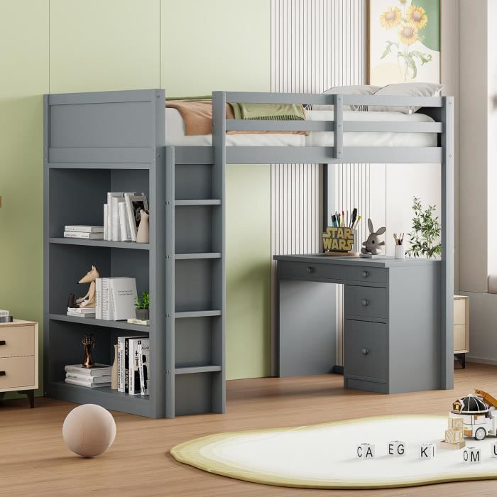 lit mezzanine 90 x 200 cm avec armoires de rangement et table d'ordinateur, lit mezzanine enfant multifonctionnel en bois gris