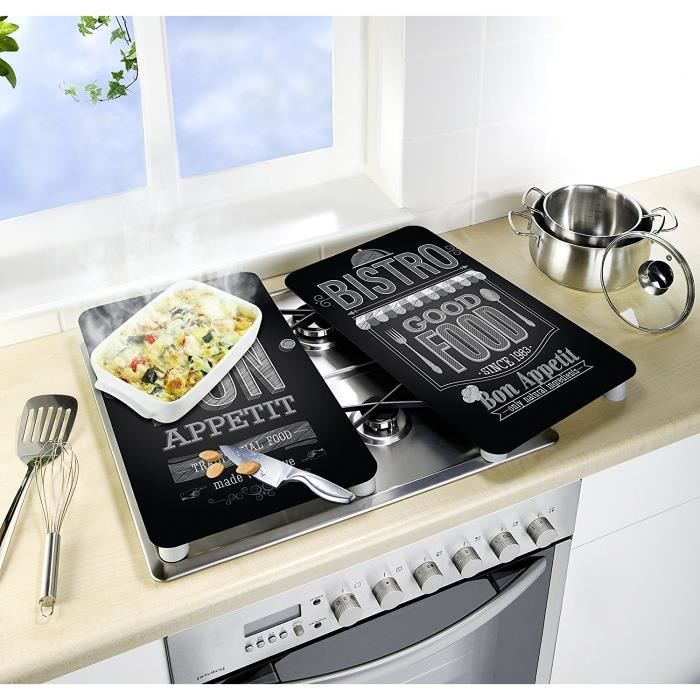 Protege Plaque De Cuisson Personnalisé Set De 2 Protege Plaque 30x52 Cm En Verre Motif Bon Appetit