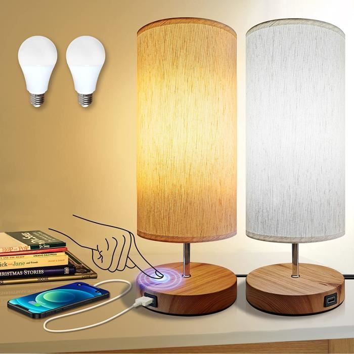Lot de 2 Lampe de Chevet, Dimmable Lampe de Bureau LED avec Ports de Charge  USB et Ombre de Tissu Beige, Contrôle Tactile, 3 T[64] - Cdiscount Maison