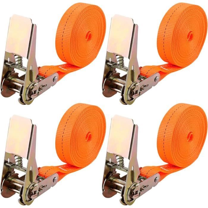 Lot De 4 Sangles à Cliquet 5,1 Cm X 6,1 M - Polyester Haute Densité - Crochets En J En Acier - Pour Remorque, Camion, Déménagement