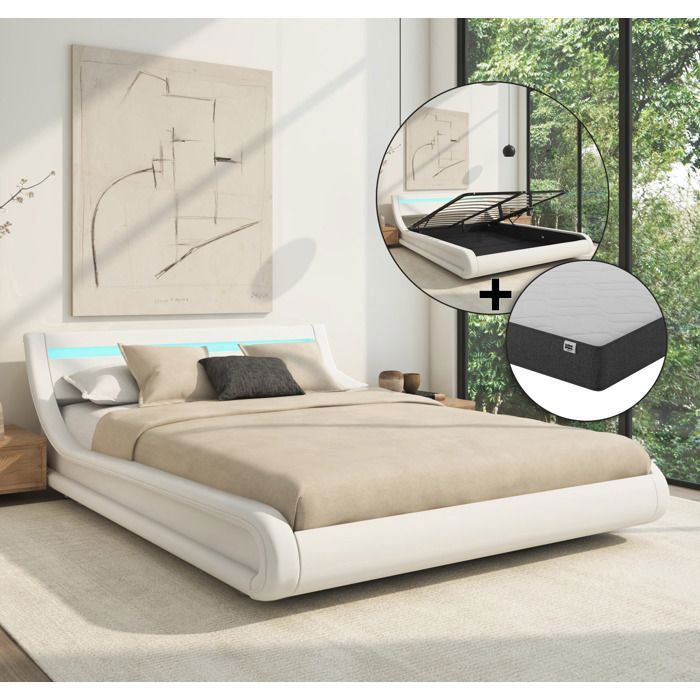 Lit Coffre avec Matelas Texas 150x190cm Couleur Blanc LED Matériaux bois et simili cuir Rangement PARISINA