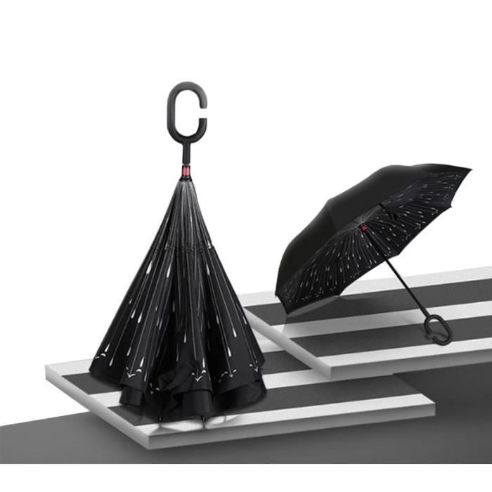 Parapluie Inversé Anti-UV Avec Anse En C - Motif Fleur Rouge, Automatique, Anti-retournement