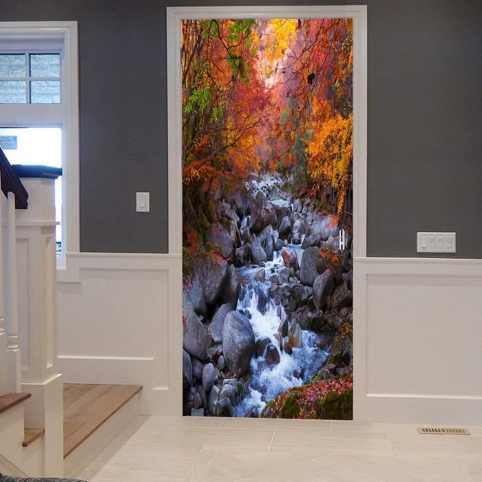 A.Monamour 3D Door Stickers for Interior Doors Niagara Waterfall in The Forest with River in Reunion Island Nature Scenery Vinyl Waterproof Self