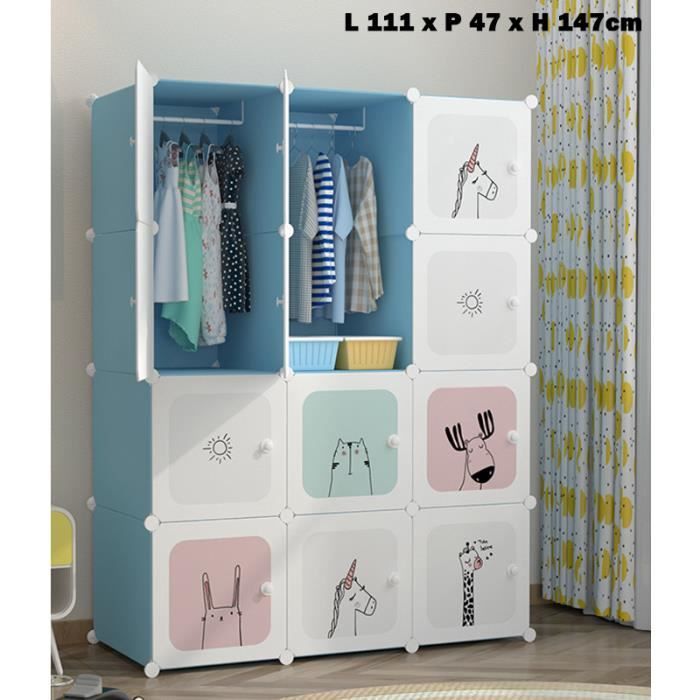 Armoire Penderie Bleu Meuble Rangement Enfant Avec Motifs D
