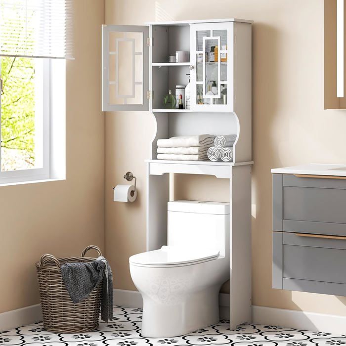 SoBuy Meuble De Rangement Au-Dessus Machine À Laver Ou WC Avec Armoire 2 Portes Et Étagères Réglables Blanc 65x20x182cm - Maison