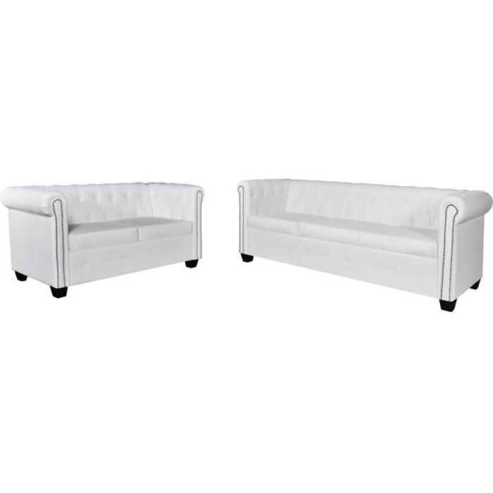 Canapé fixe 3 places Blanc Cuir Luxe Chesterfield Confort