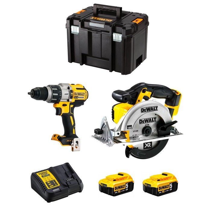 Kit DeWALT DWK214 Perceuse à Percussion DCD996 + Scie Circulaire DCS391 2 x 5 0 Ah Sans fil 18V - vue 1