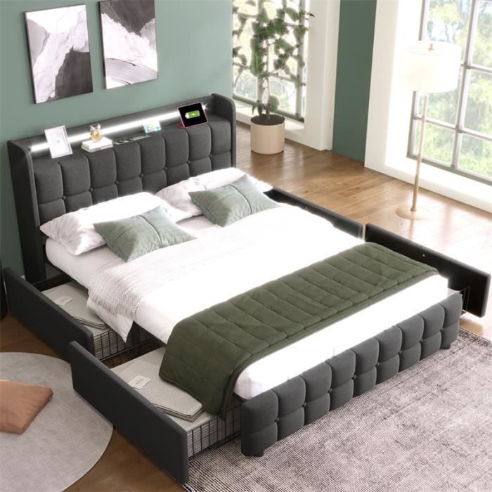 lit capitonné avec 4 tiroirs, lit avec sommier à lattes en bois, tête de lit led avec fonction de recharge usb, gris 180x200cm