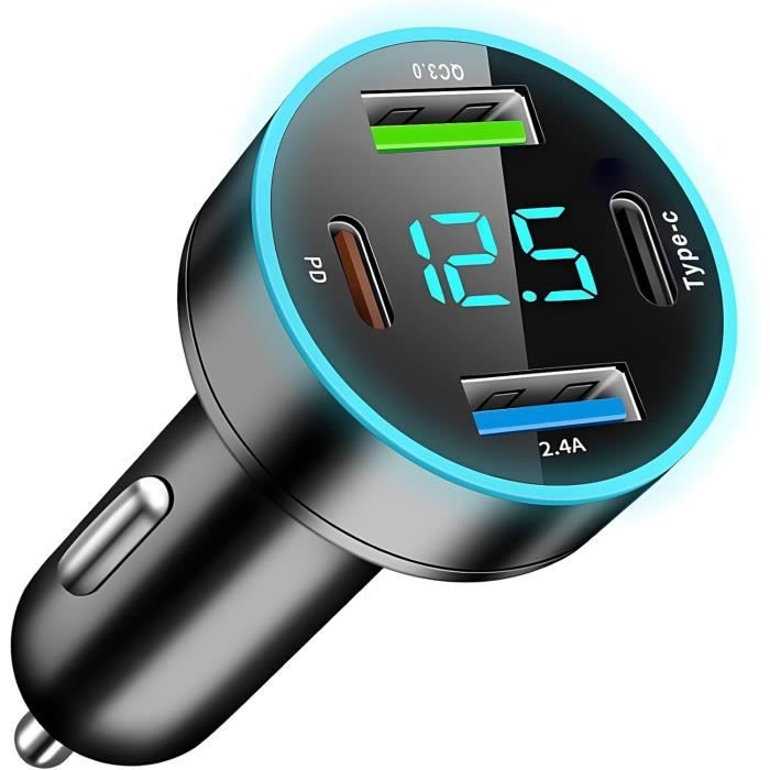 Chargeur Allume-cigare 5 En 1 - 66W, 4 Ports USB-C/USB-A, Câble Rétractable - Compatible IPhone, Android, 12V/24V
