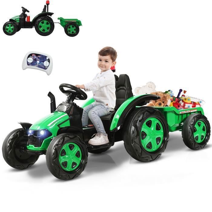 GOPLUS Tracteur &Eacute;lectrique pour Enfants -  - avec Remorque - 12V7Ah Charge 30KG - T&eacute;l&eacute;commande 24G - Vert 