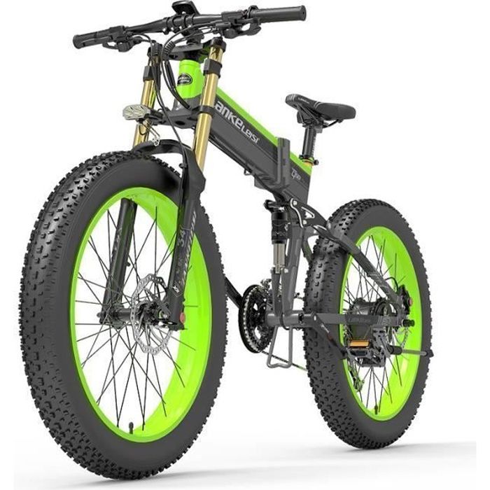velo electrique LANKELEISI XT750PLUS 45KM-H Moteur 1000W Autonomie 120km 26 pouces VTC fat bike Amortisseur avant 48V17.5Ah Vert