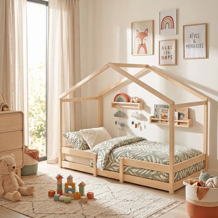 Lit cabane INDIANA 90x190 + sommier / Bois clair Lit cabane INDIANA 90x190 + sommier / Bois clair