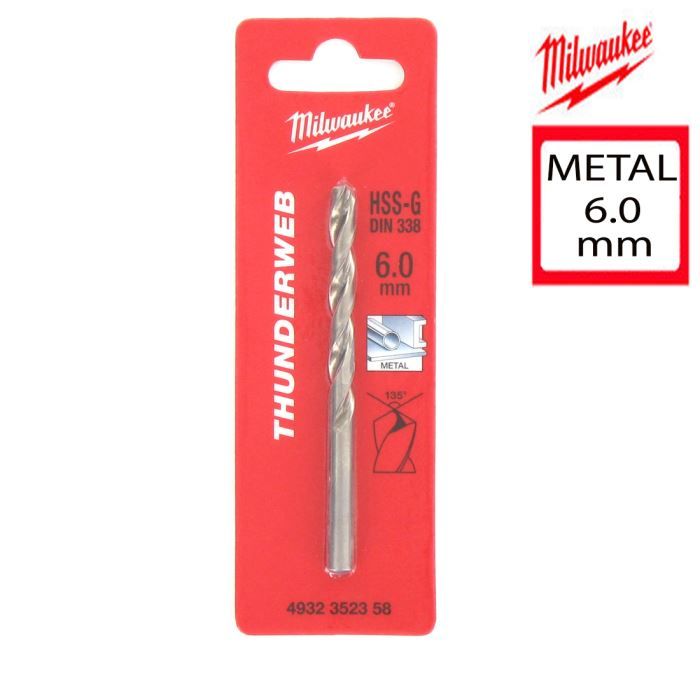 Milwaukee Foret métal - HSS-G THUNDERWEB 6.0x93 mm - Ø6 mm - Long.93 mm - Acier jusquà 900 N/mm²