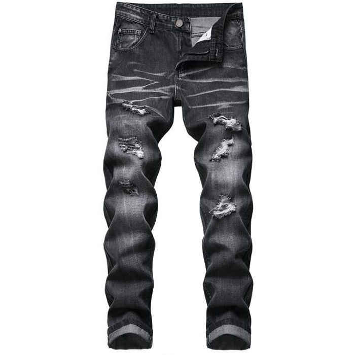 Jeans Homme Coupe Droite 5 Poches Effet Delave Trou Noir Noir Cdiscount Pret a Porter