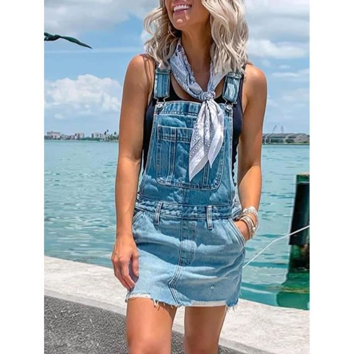 Robe Robe courte en jean avec bretelles Slim et poches pour femme