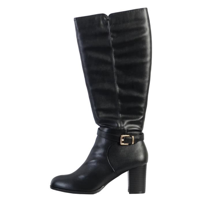 Bottes Femme - THE DIVINE FACTORY - Fermeture à Zip - Talon Large - Cuir Noir