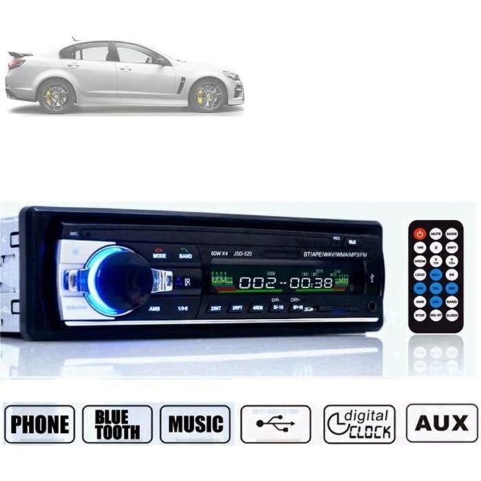 Autoradio Stéréo InDash Bluetooth 1Din MP3 Lecteur FM AM USB SD AUX