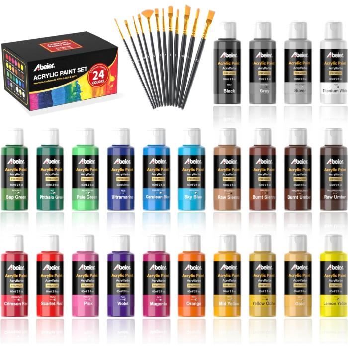Kit Peinture Acrylique Complet 24 Couleurs + Chevalet Bois Pliable – Toile, Pinceaux, Spatule, Palette – Idéal Débutants, Enfants & Artistes