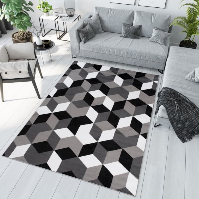 Tapis Extérieur Imperméable TAPISO Ibiza - 180x270 Cm - Noir/Blanc Losanges - Pliable Réversible