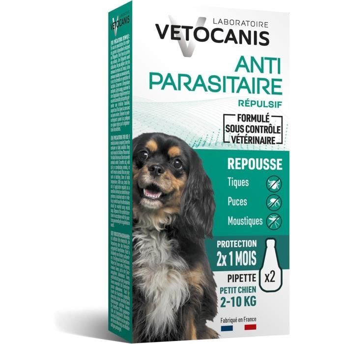 Pipettes Anti puces - VETOCANIS - 2x1 Mois sans Tiques Puces Moustiques - Antiparasitaire Chien 2 à 10 kg A base de Margosa