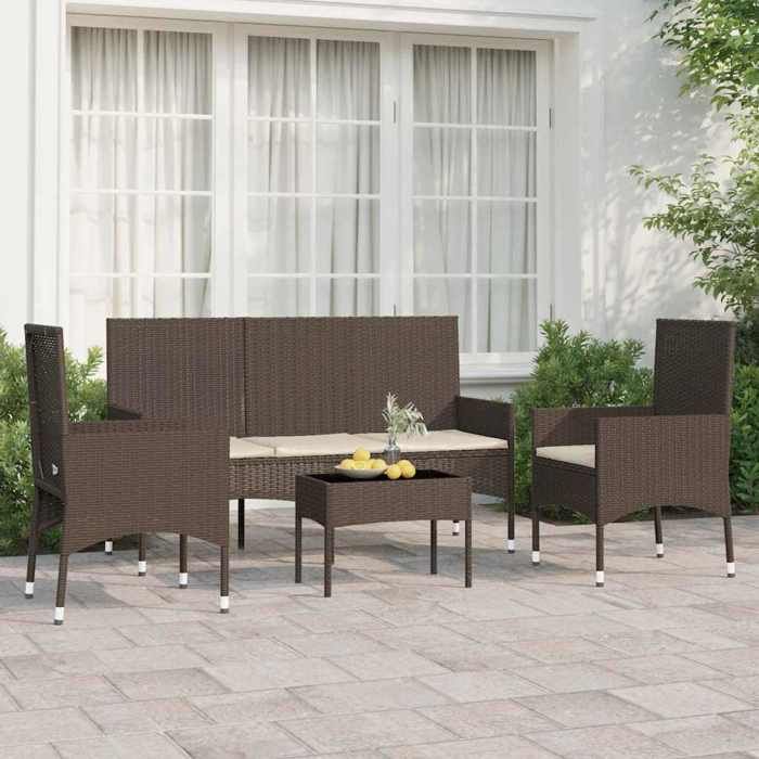 vidaXL Salon de jardin 4 pcs avec coussins Marron Résine tressée ensemble de salon dextérieur ensemble de mobilier 319499