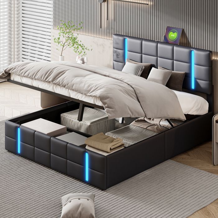 Lit 160x200 Avec Sommier Métal, Tête De Lit Rangement + Éclairage LED RGB - Cadre Lit 2 Personnes Solide