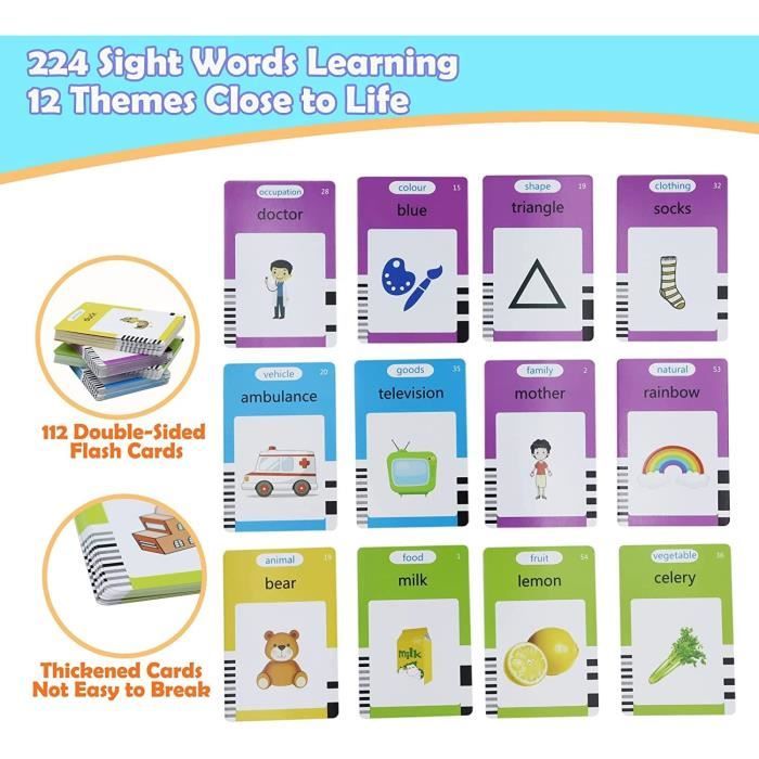 HURRISE jouet d'apprentissage de cartes flash parlantes Carte Flash  Parlante 112 Pièces Cartes D'apprentissage de L'anglais avec 224