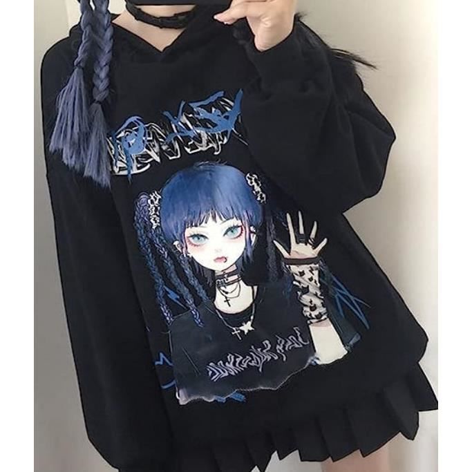 Sweat à Capuche E-Girl Y2K Pull Gothique Femme Manga Motif Mignon  Sweatshirt Harajuku à Manches Longues Noir - Cdiscount Prêt-à-Porter