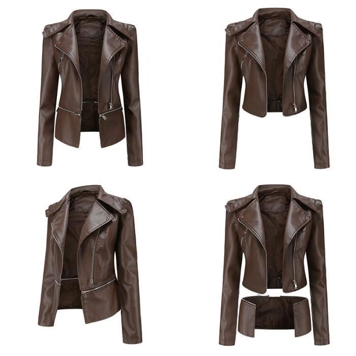 Veste En Simili Cuir Femme - Style Blouson Motard Brodé, Fermeture éclair - Coupe Ajustée Pour Printemps/automne