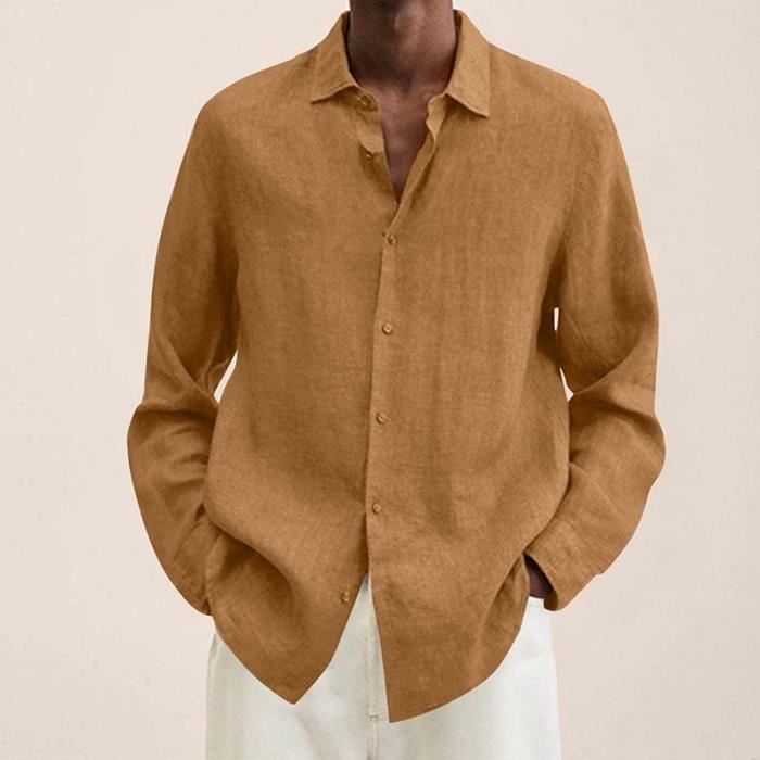 Chemise Homme En Lin à Manches Longues - Col Montant Traditionnel - Style Décontracté - Grande Taille - Collection 2025