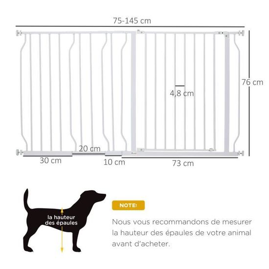 Pawhut Barrière de sécurité pour chiens animaux sans perçage barrière  escaliers couloirs portes largeur extensible fermeture automatique métal  plastique dim. 86l x 104,1H cm blanc