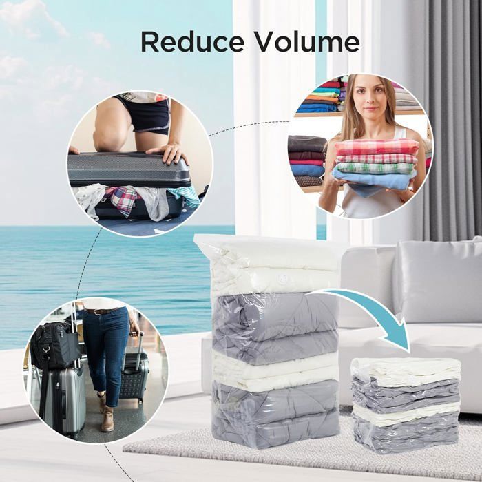 Lot de 8 sacs sous vide pour vêtements de voyage, sacs de compression de voyage 60 x 40 cm, petits sacs sous vide à rouler, sacs de rangement réutilisables, sacs à vêtements