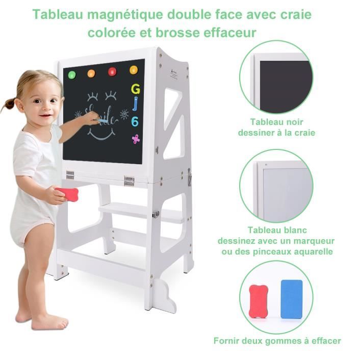 Bois Blanc Tour D'apprentissage Montessori MS BabyWorld - Bureau Et Tabouret Convertible En Bois Massif | Sécurisée Et Pliable Tour Apprentissage Montessori