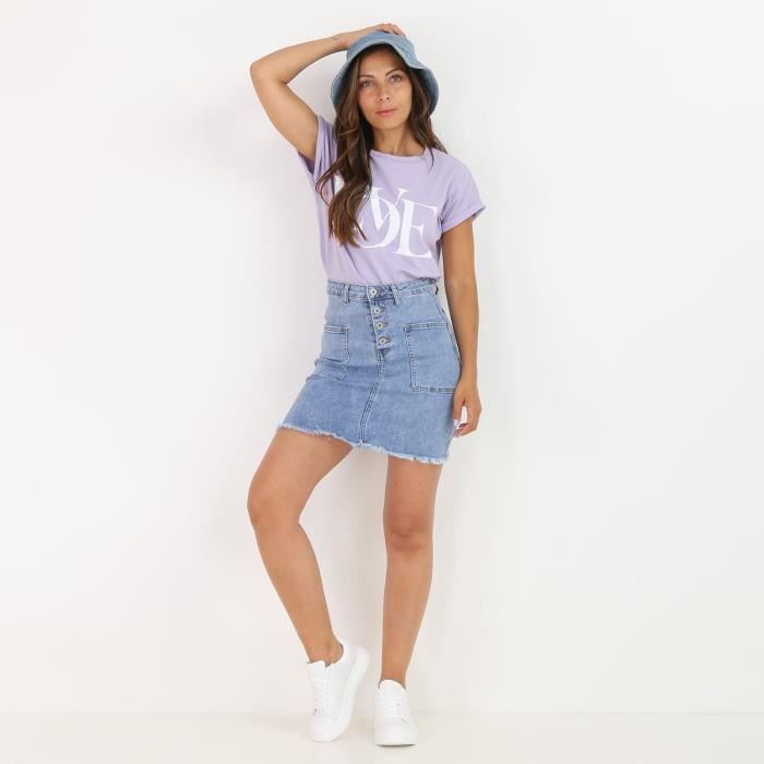 Jupe en jeans bleue effiloch e et boutons Bleu Cdiscount Pr t
