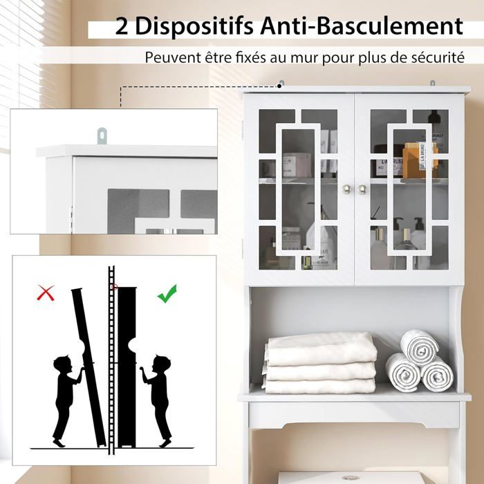 Meuble Machine à Laver Meuble Rangement Toilette COSTWAY Bambou - 62x23x170cm - 2 Portes étagère Ouverte - Naturel Rangement Salle De Bain Bambou - 3