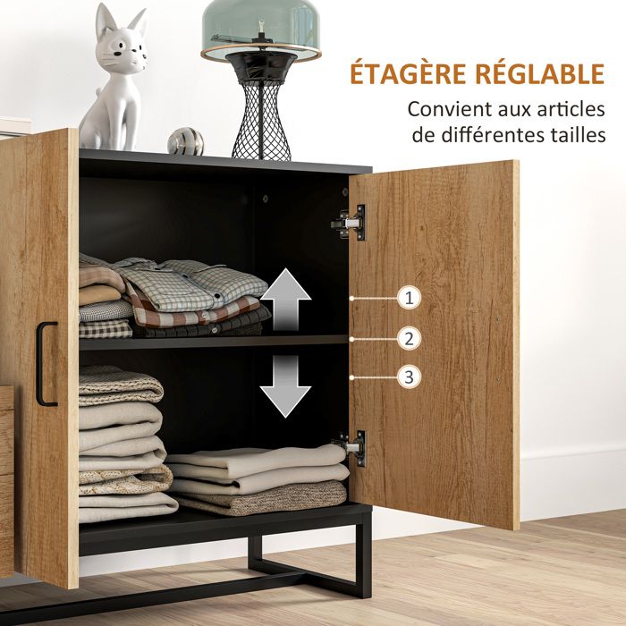Buffet De Rangement HOMCOM 60x30x81 Cm - Bois Naturel, 3 Tiroirs, Placard Et étagère Réglable, Style Boho - 3