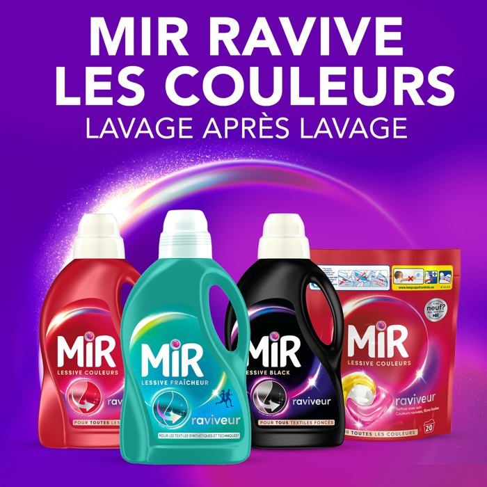 Mir Lessive Pub Mir - Lessive Liquide - Lessive Couleurs - Main & Machine - Raviveur ...