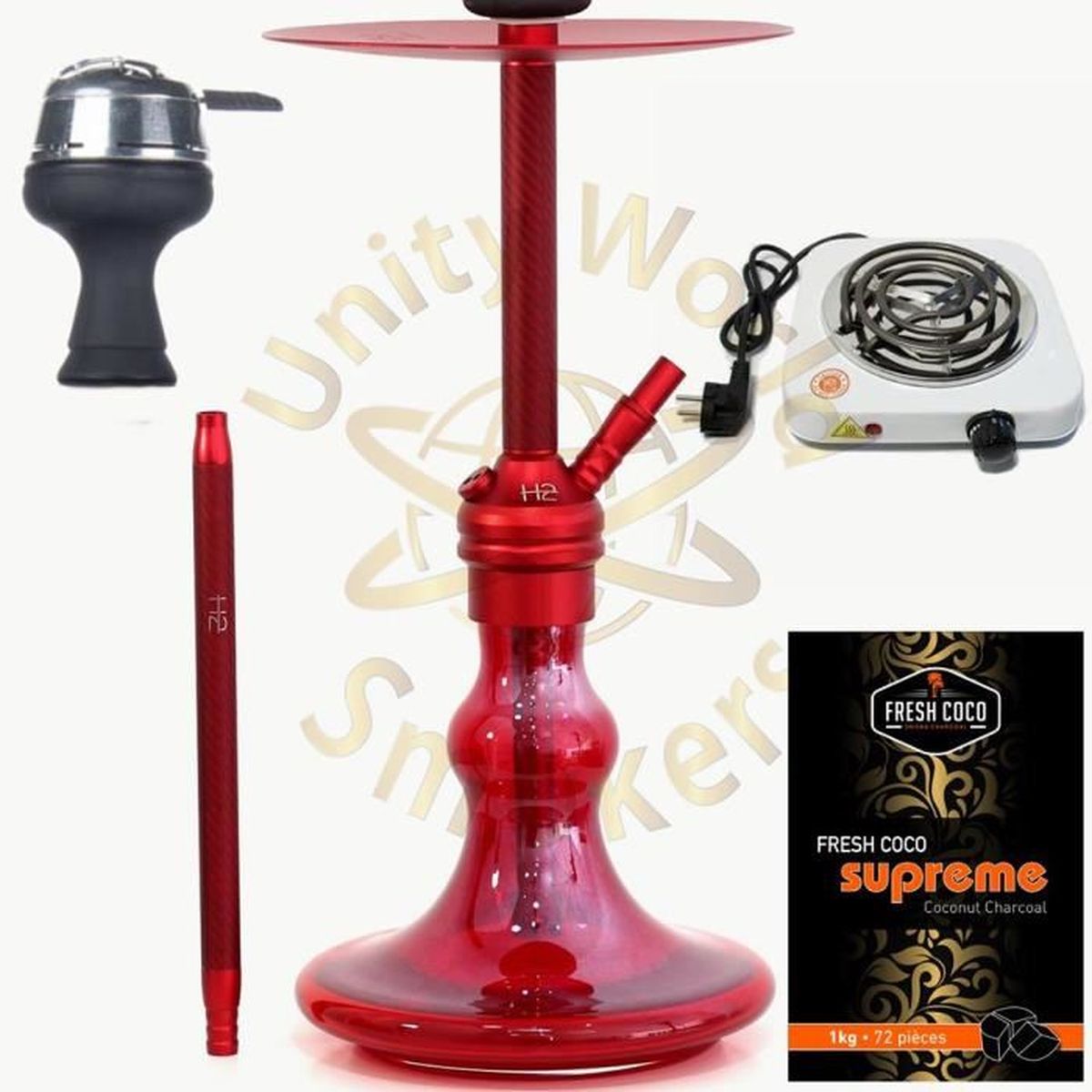 Plaque Chauffante A Gaz Chicha Pack Chicha H2 Carbon Rouge Tuyau Silicone Foyer Silicone