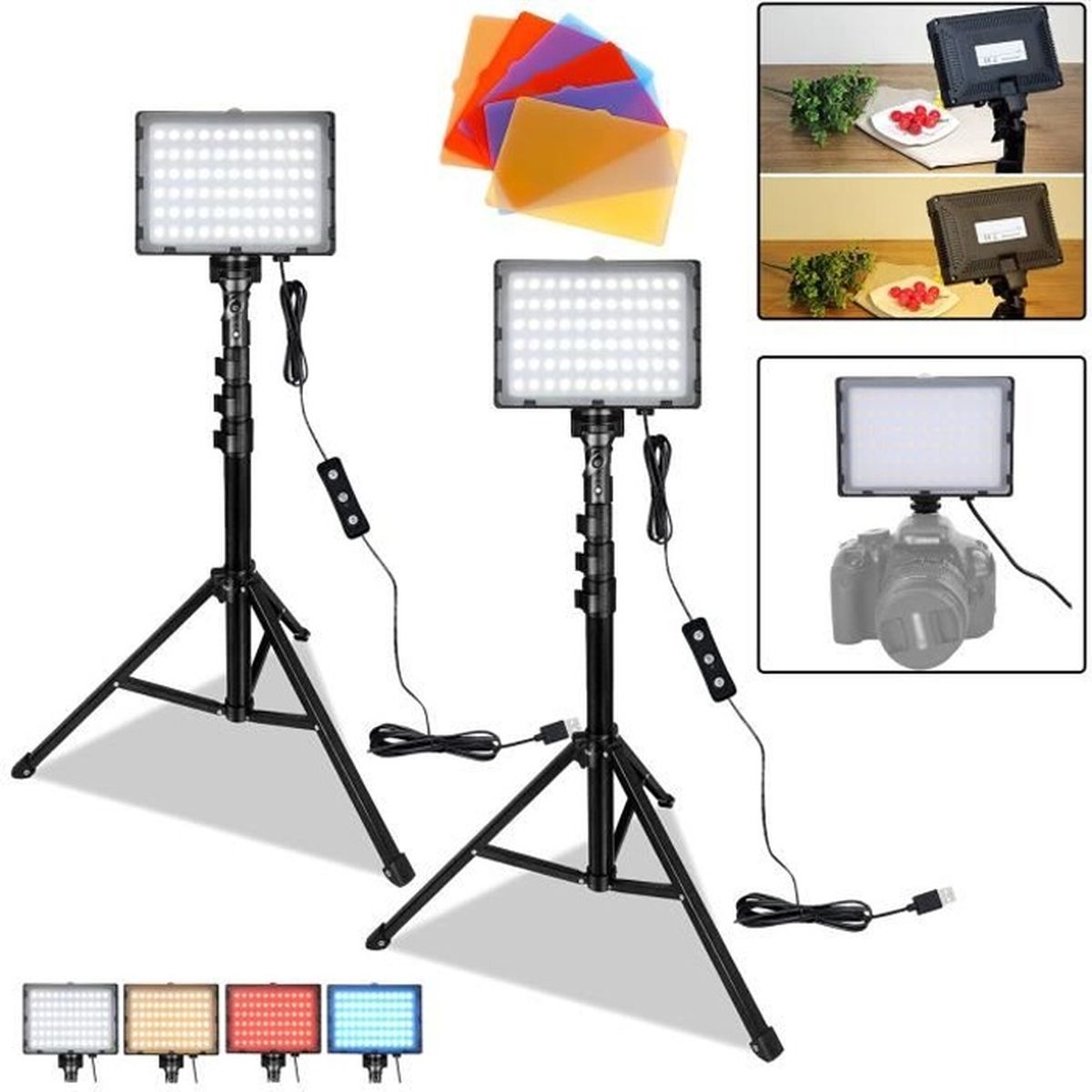 XMTECH - Kit d'éclairage vidéo LED USB avec trépied et 8 filtres 3200K ...