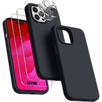 Coque pour iPhone 15 Pro - Silicone Liquide Noir + 2 Verres Trempés et 2 Protections Objectif Arrière