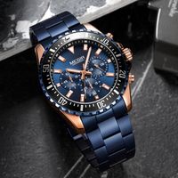 LINGYUE Top luxe chronographe montres hommes montre à quartz d'affaires avec bracelet en acier inoxydable bleu - montre-bracelet